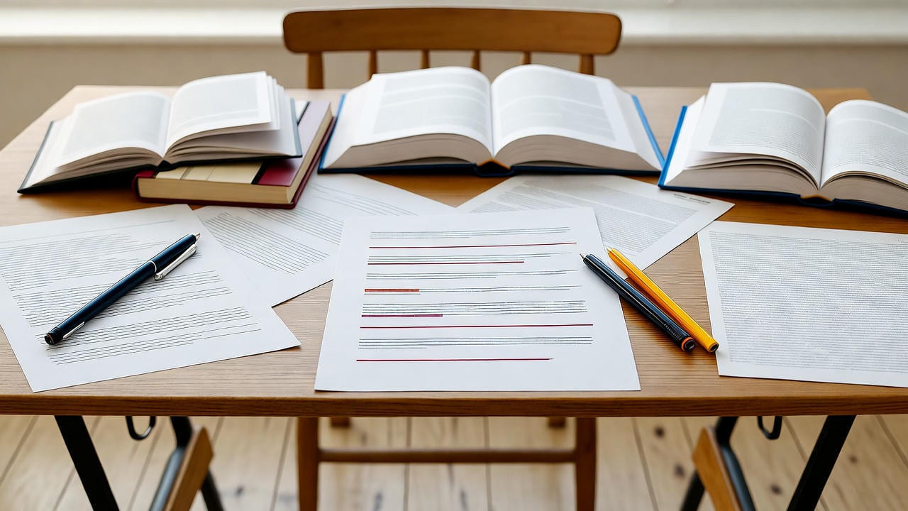 Wooden study desk with open books, research papers, and pens arranged neatly, representing academic study, writing, and literature research environment in natural daylight.